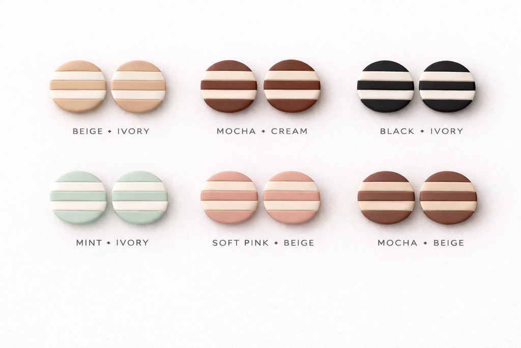 Neutral Striped Round Polymer Clay Stud Earrings – Modern Classic Minimalist Jewelry
