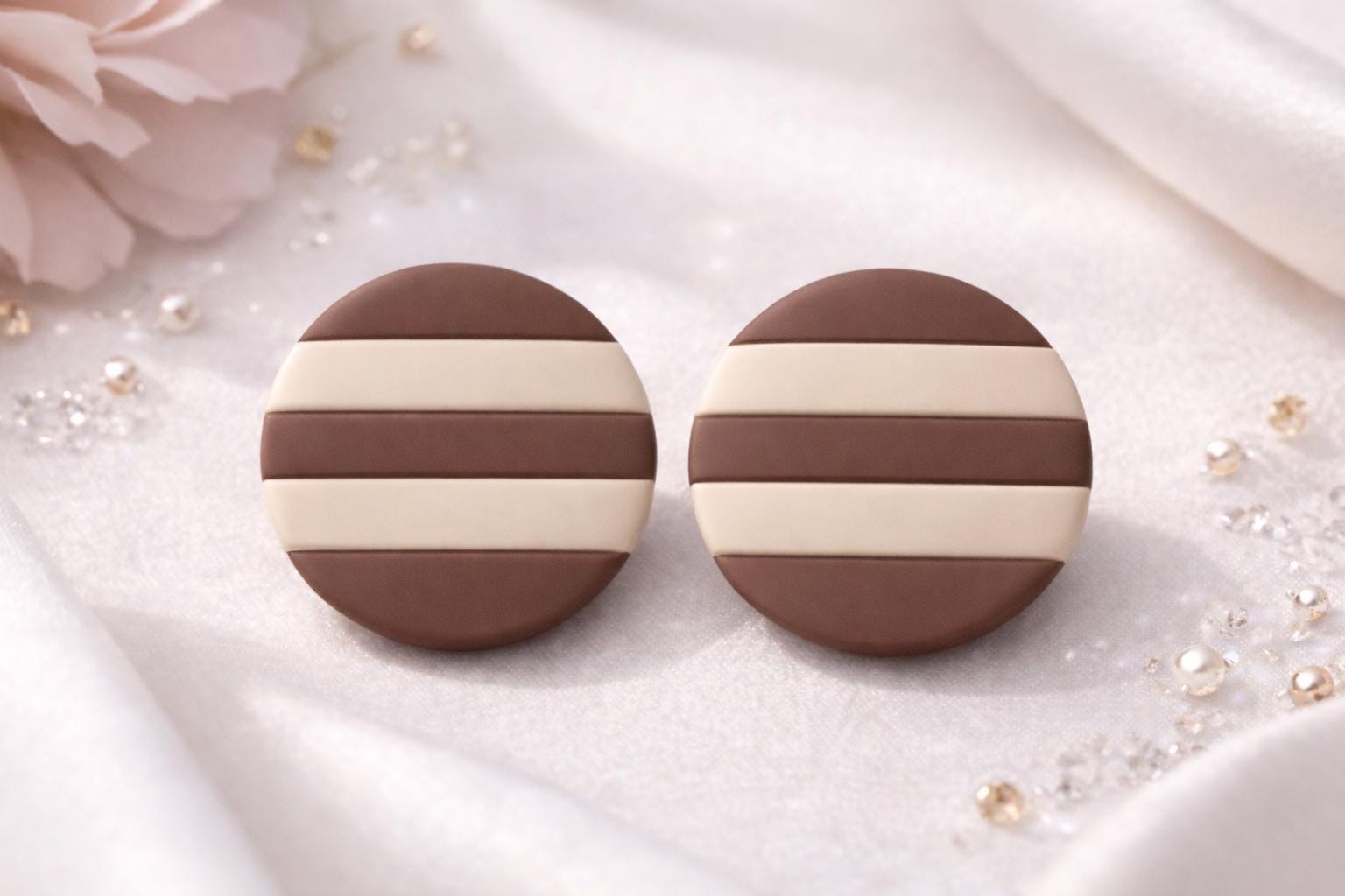 Neutral Striped Round Polymer Clay Stud Earrings – Modern Classic Minimalist Jewelry