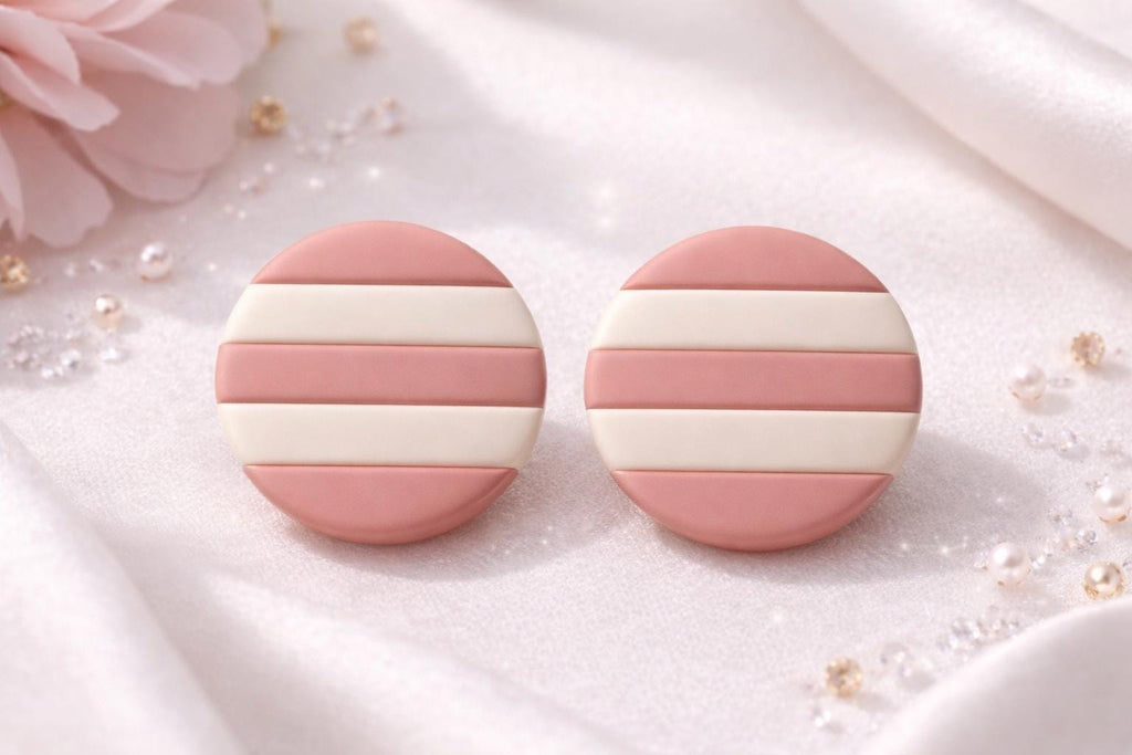 Neutral Striped Round Polymer Clay Stud Earrings – Modern Classic Minimalist Jewelry