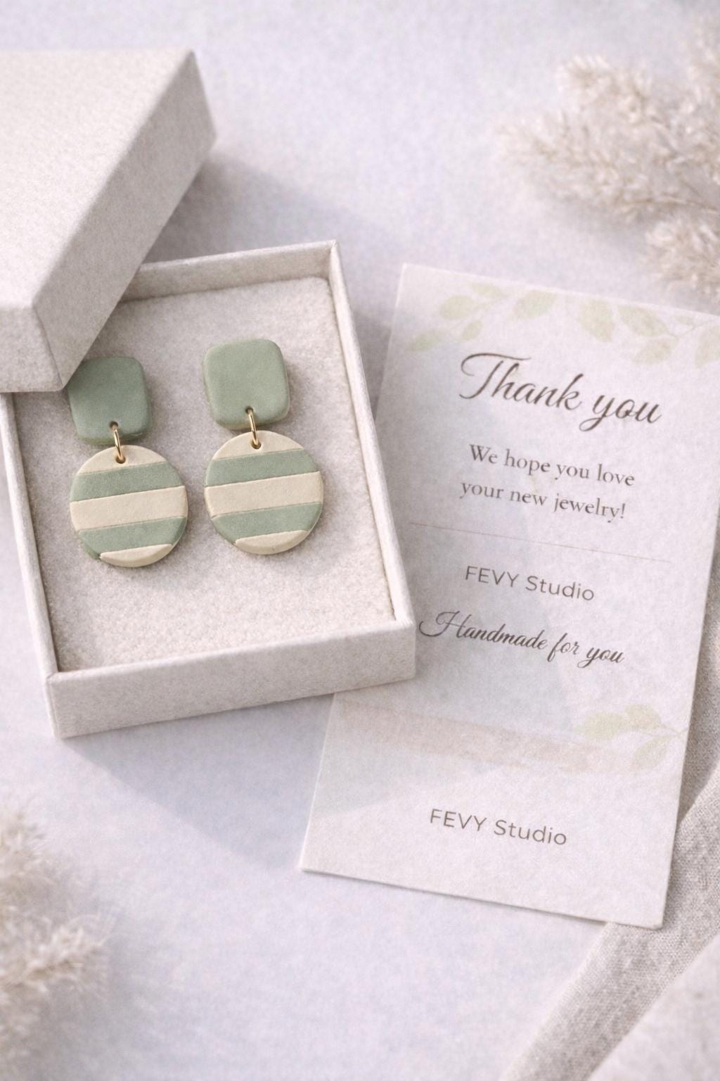 Sage Green Beige Striped Dangle Earrings – Minimalist Polymer Clay Jewelry