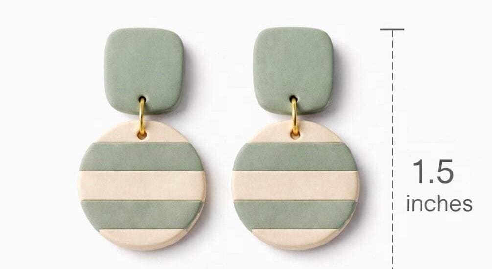 Sage Green Beige Striped Dangle Earrings – Minimalist Polymer Clay Jewelry