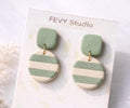 Sage Green Beige Striped Dangle Earrings – Minimalist Polymer Clay Jewelry