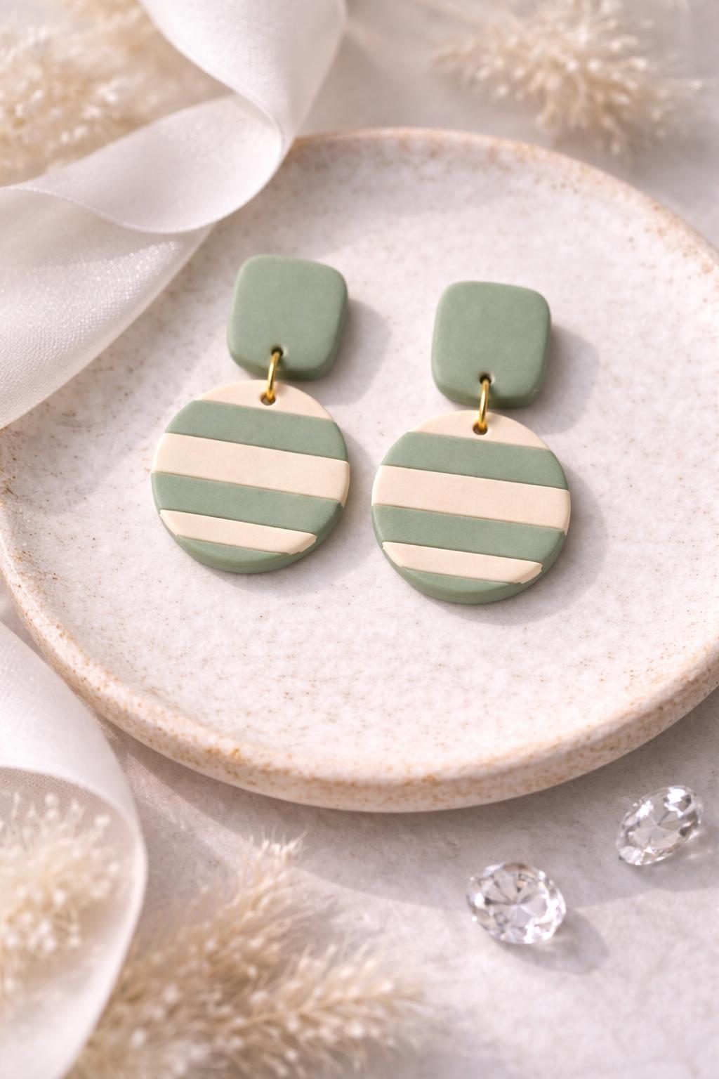 Sage Green Beige Striped Dangle Earrings – Minimalist Polymer Clay Jewelry