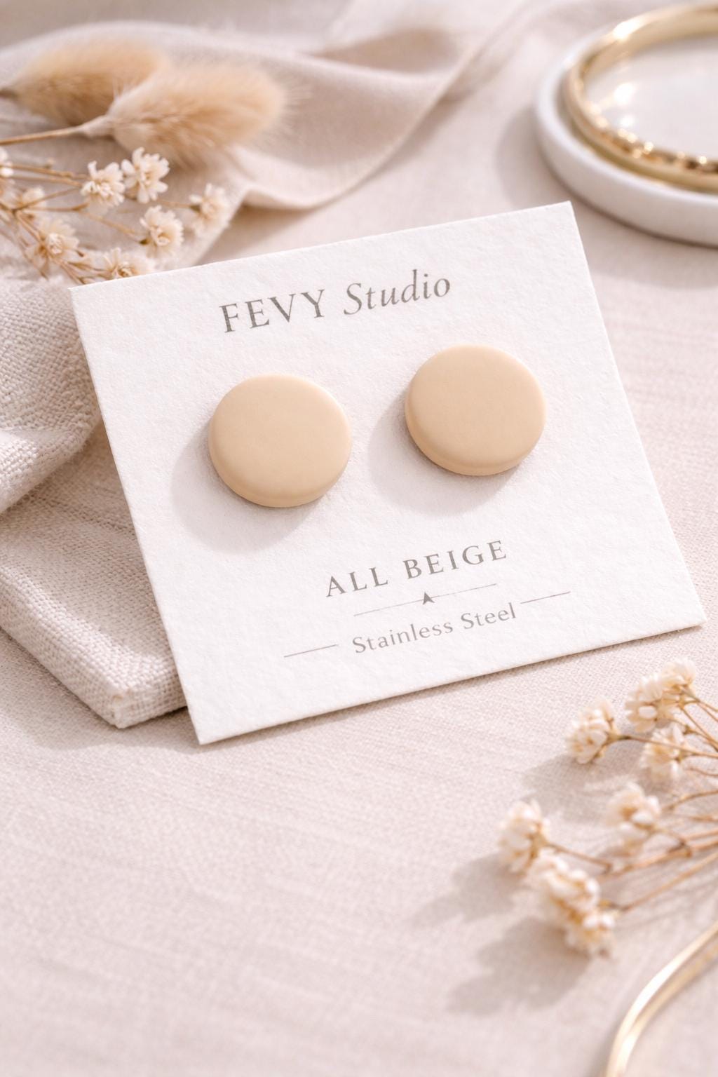 Set of 3 - Minimalist Round Stud Earrings, Neutral Polymer Clay, Hypoallergenic Stainless Steel Set