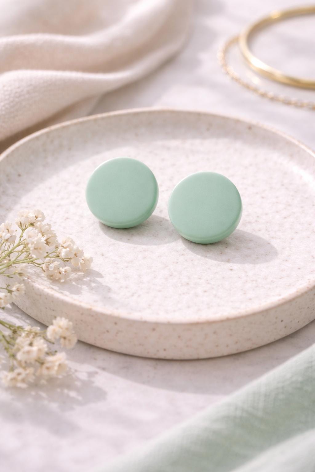 Set of 3 - Minimalist Round Stud Earrings, Neutral Polymer Clay, Hypoallergenic Stainless Steel Set