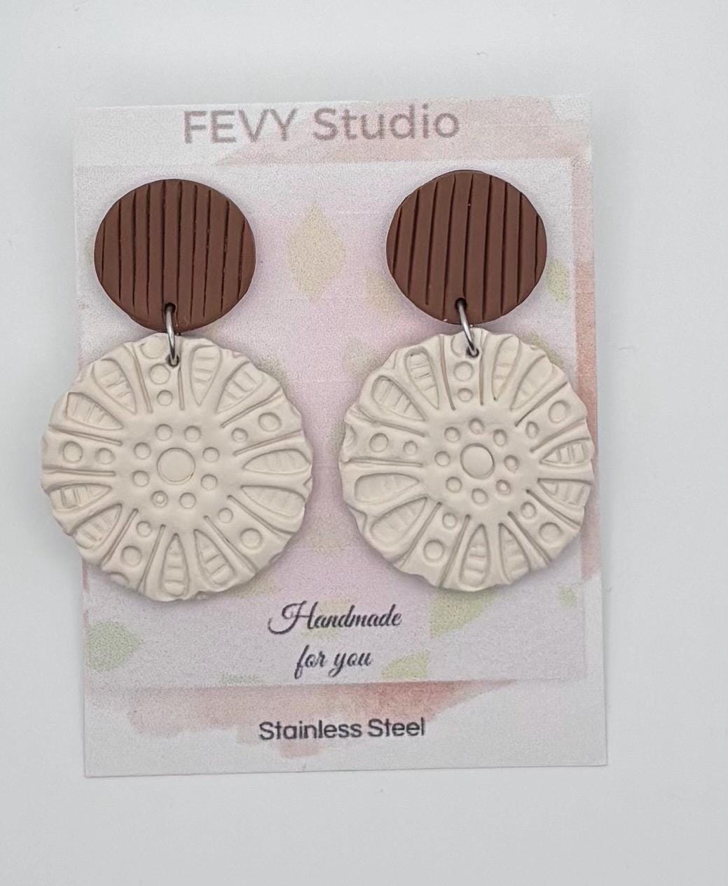 Handmade Textured Polymer Clay Dangle Earrings | Neutral Boho Minimalist Jewelry