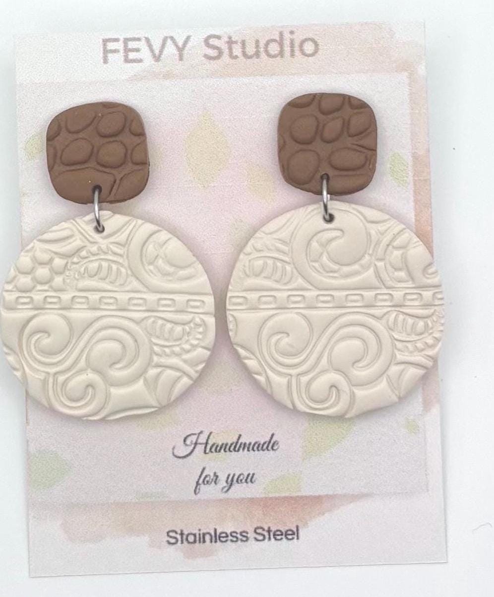 Handmade Textured Polymer Clay Dangle Earrings | Neutral Boho Minimalist Jewelry