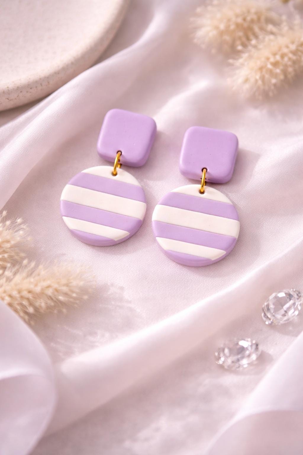 Lilac Striped Dangle Earrings | Modern Classic Polymer Clay Jewelry