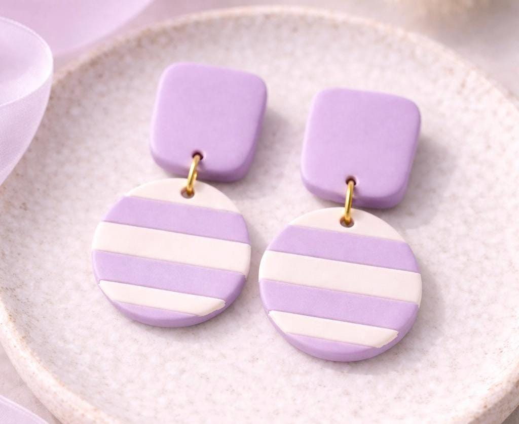 Lilac Striped Dangle Earrings | Modern Classic Polymer Clay Jewelry