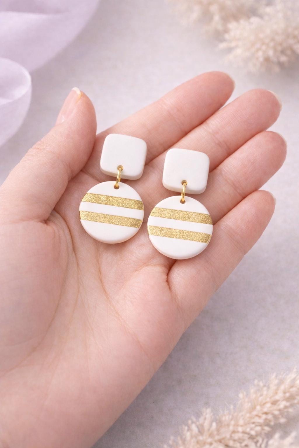 Boho Polymer Clay Earrings, Handmade Striped Gold and White Dangle Earrings, Elegant Geometric Statement Earrings, Clay Jewelry Gift for Her