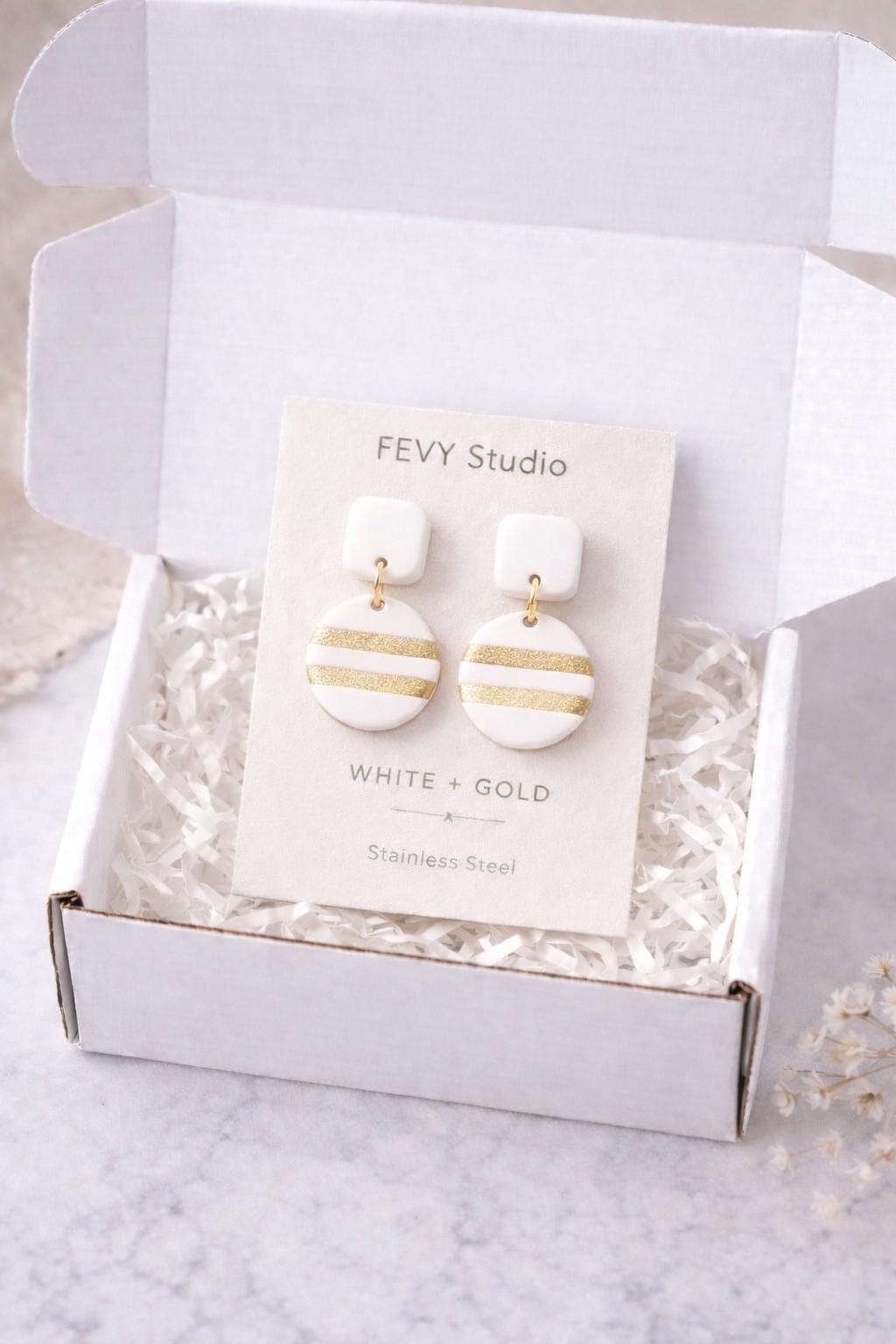 Boho Polymer Clay Earrings, Handmade Striped Gold and White Dangle Earrings, Elegant Geometric Statement Earrings, Clay Jewelry Gift for Her
