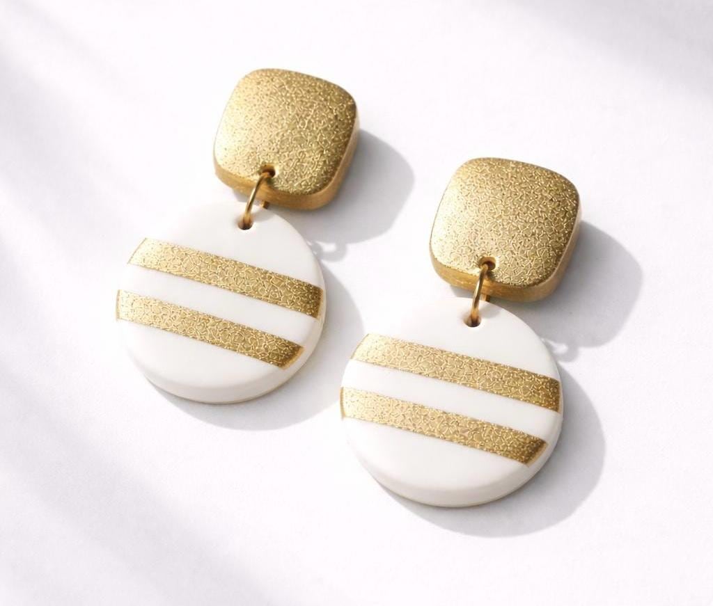 White Gold Dangle Earrings, Minimalist Modern Statement Jewelry, Polymer Clay, Stainless Steel Posts