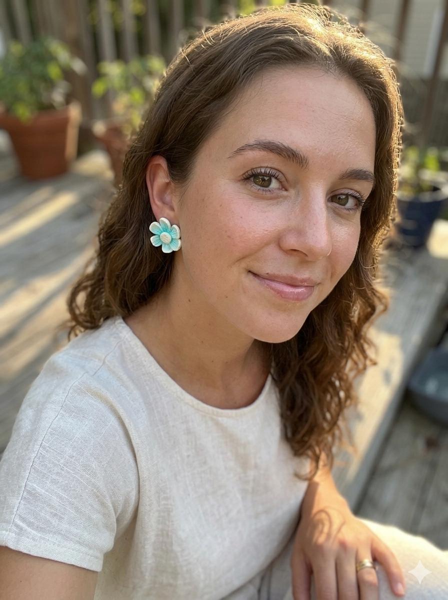 Blue Flower Stud Earrings, Turquoise Floral, Handmade Polymer Clay, Stainless Steel Posts