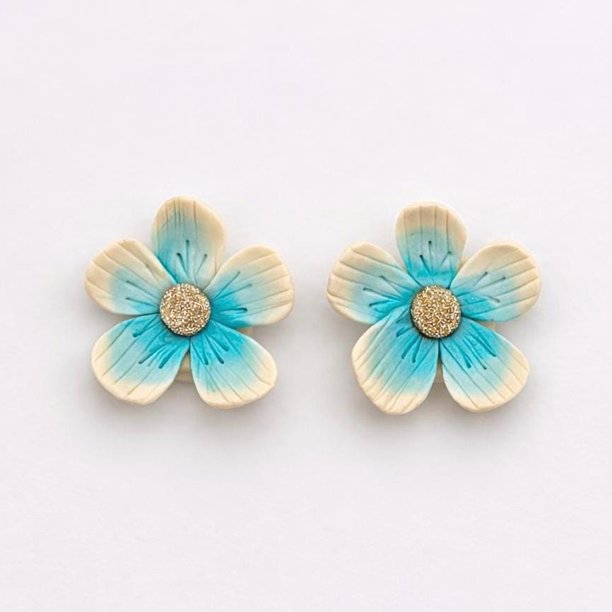Handmade Ombre Turquoise Flower Stud Earrings, Polymer Clay Floral Statement Jewelry