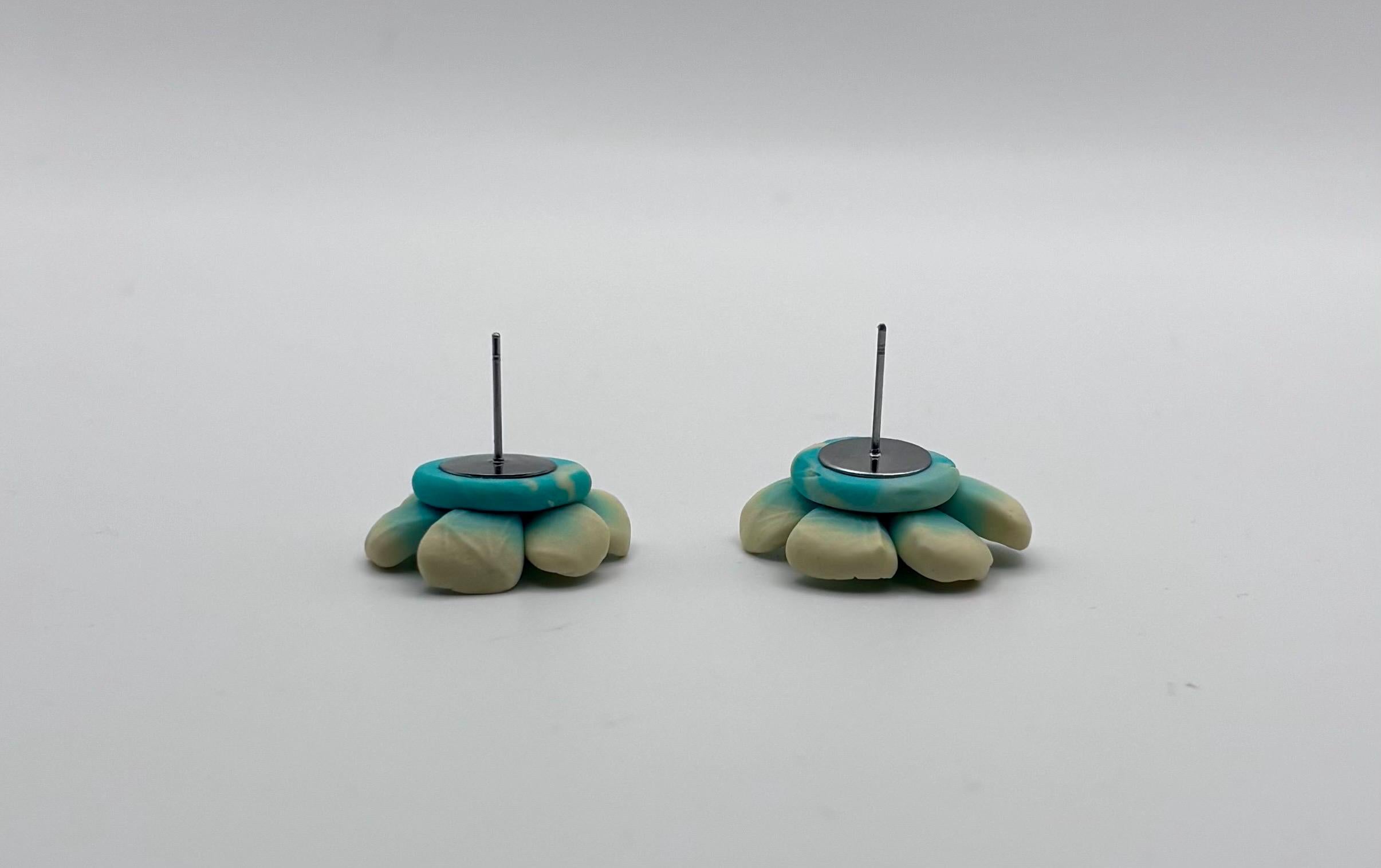 Handmade Ombre Turquoise Flower Stud Earrings, Polymer Clay Floral Statement Jewelry