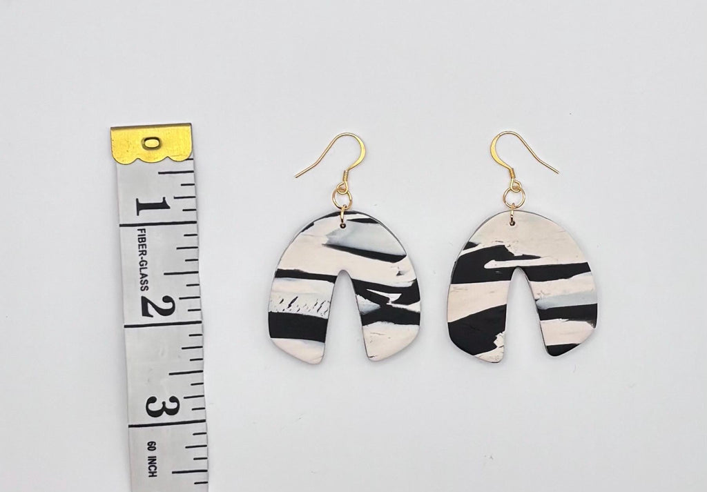 Black White Marble Arch Earrings, 18K Gold Plated Hooks, Modern Statement Dangle