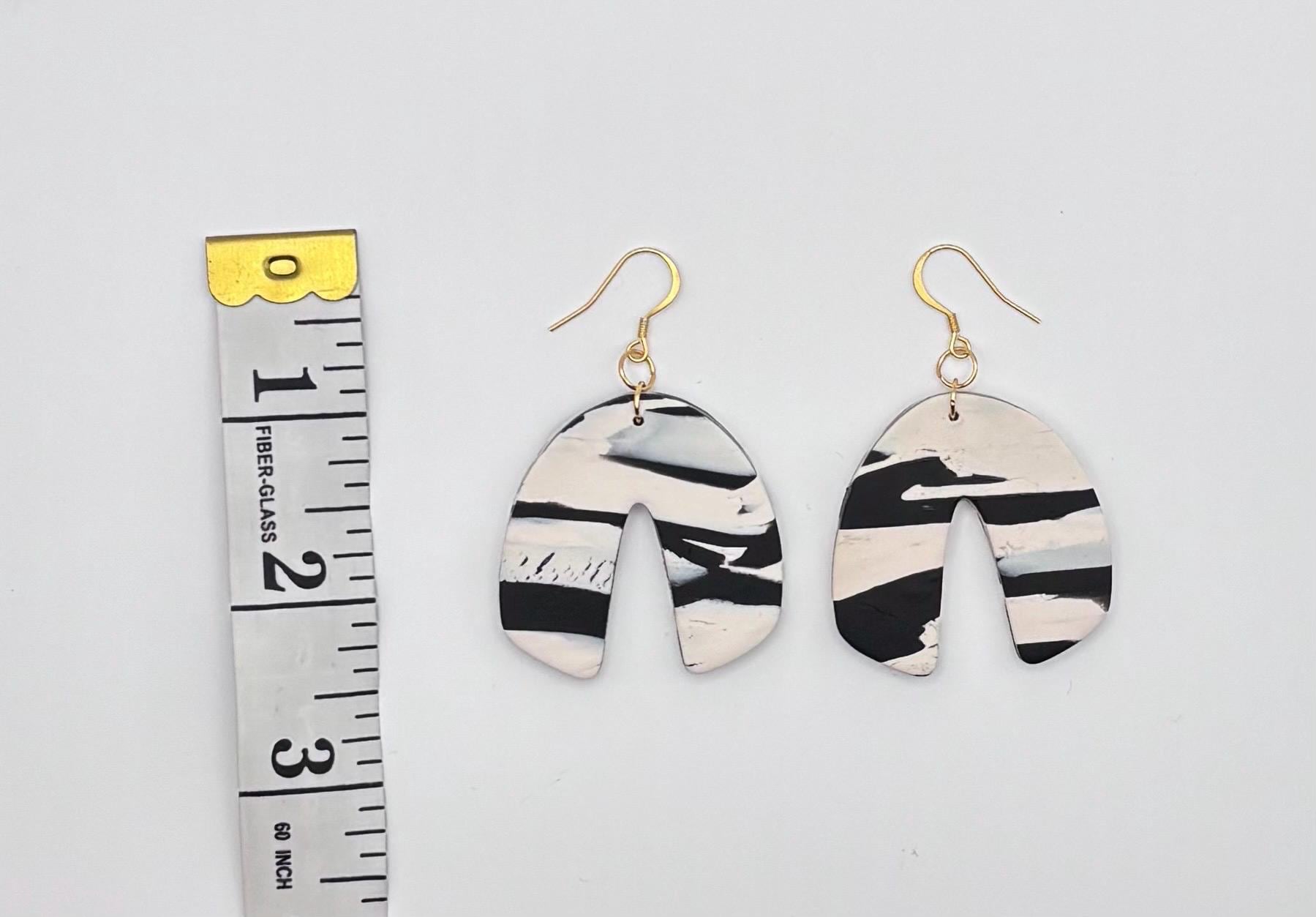 Black White Marble Arch Earrings, 18K Gold Plated Hooks, Modern Statement Dangle