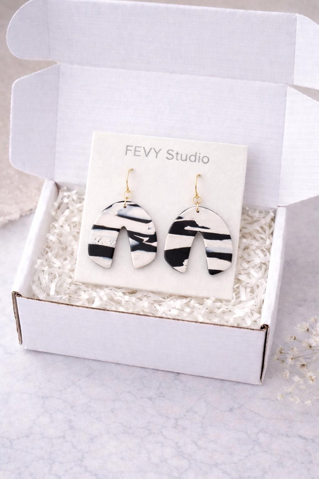 Black White Marble Arch Earrings, 18K Gold Plated Hooks, Modern Statement Dangle