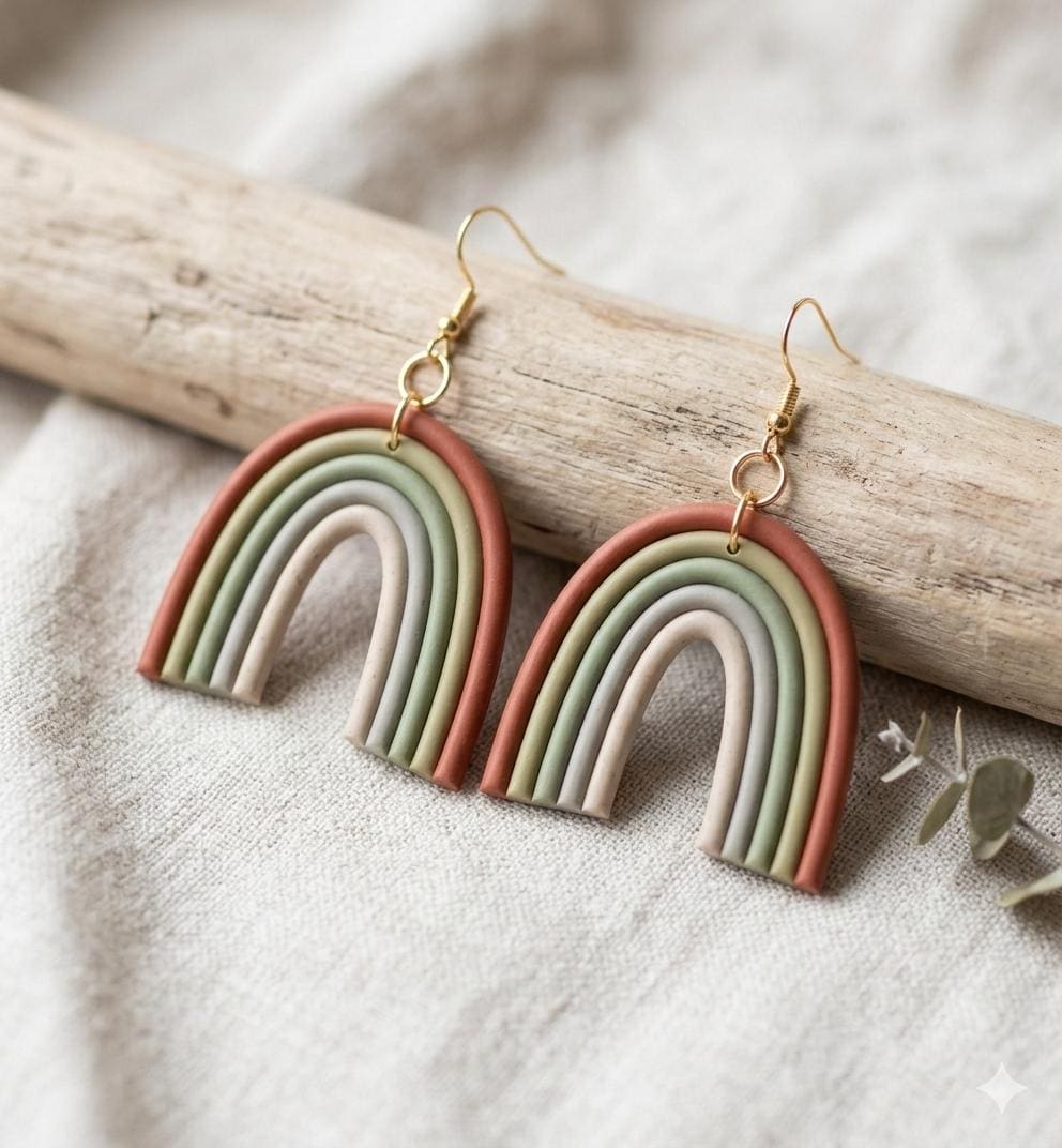 Neutral Rainbow Polymer Clay Earrings, Minimalist Gold Earrings, Lightweight Everyday Jewelry, Boho Aesthetic Gift for Her