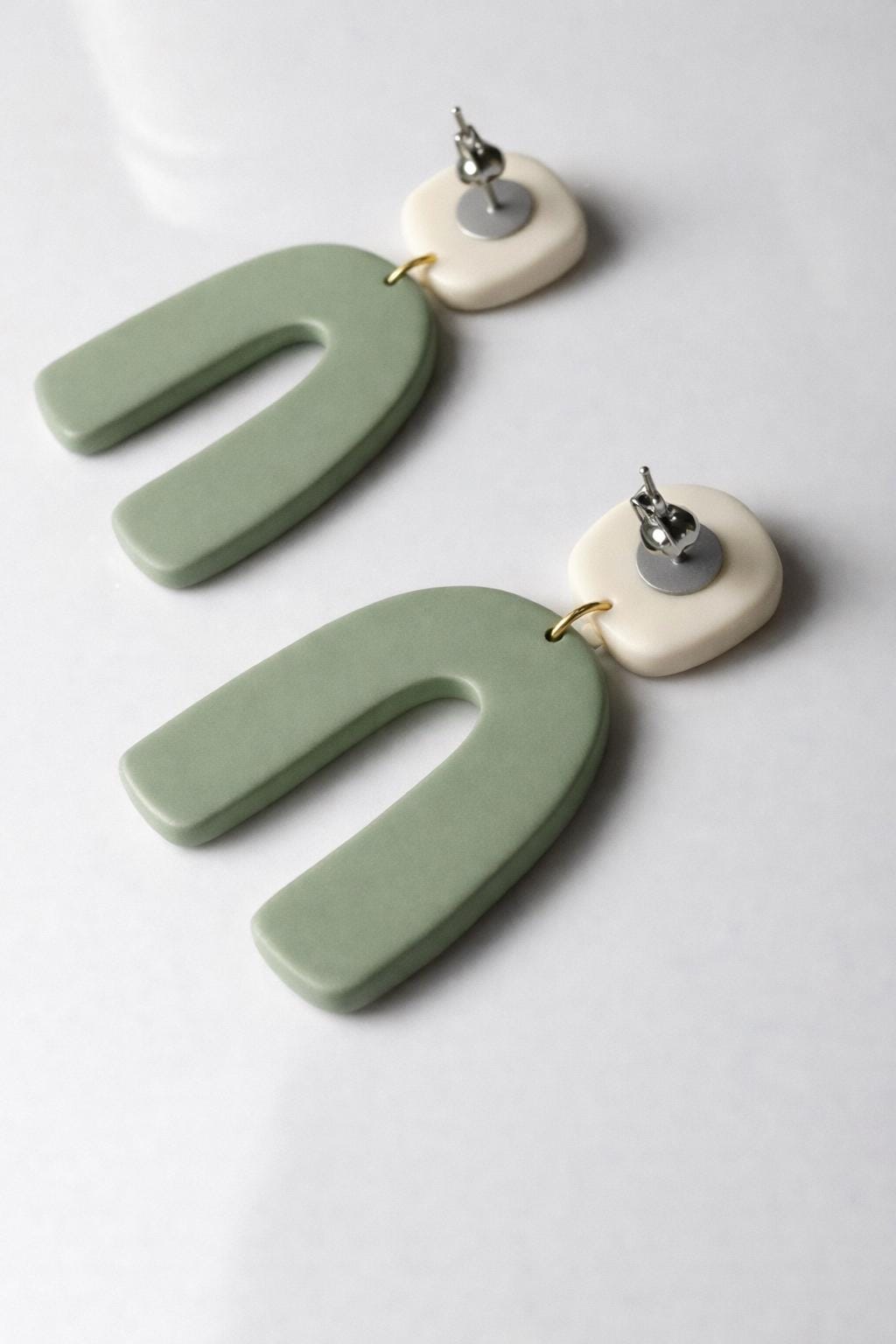 Sage Green Polymer Clay Earrings | Minimalist Arch Earrings | Ivory & Sage Boho Earrings | Lightweight Statement Earrings | Handmade Jewelry