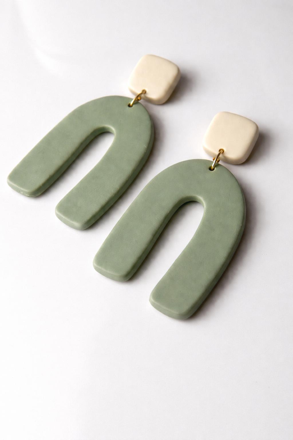 Sage Green Polymer Clay Earrings | Minimalist Arch Earrings | Ivory & Sage Boho Earrings | Lightweight Statement Earrings | Handmade Jewelry