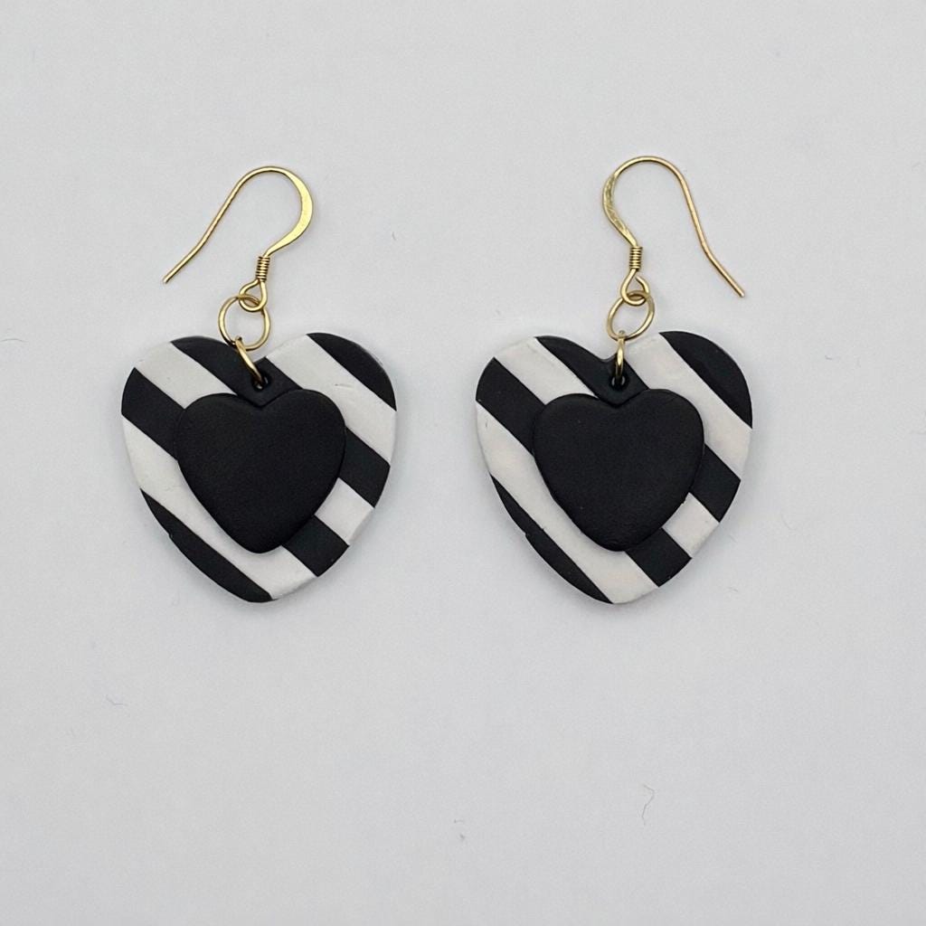 Striped Heart Drop Earrings, Black White Clay Jewelry, Colorful Statement Earrings, Boho Modern Gift for Her, Handmade Polymer Clay Earrings