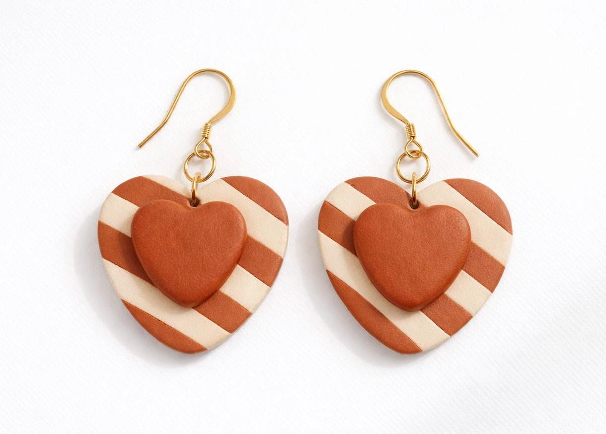 Terracotta Heart Earrings, Polymer Clay Earrings, Boho Statement Earrings, 18K Gold Plated Stainless Steel Hooks, Handmade Clay Jewelry Gift