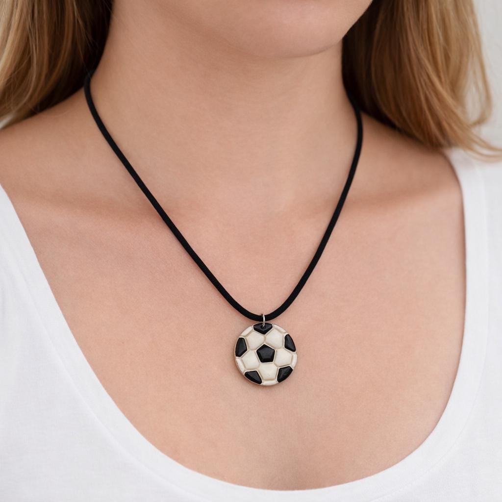 Handmade Polymer Clay Soccer Ball Pendant Necklace, Sports Jewelry
