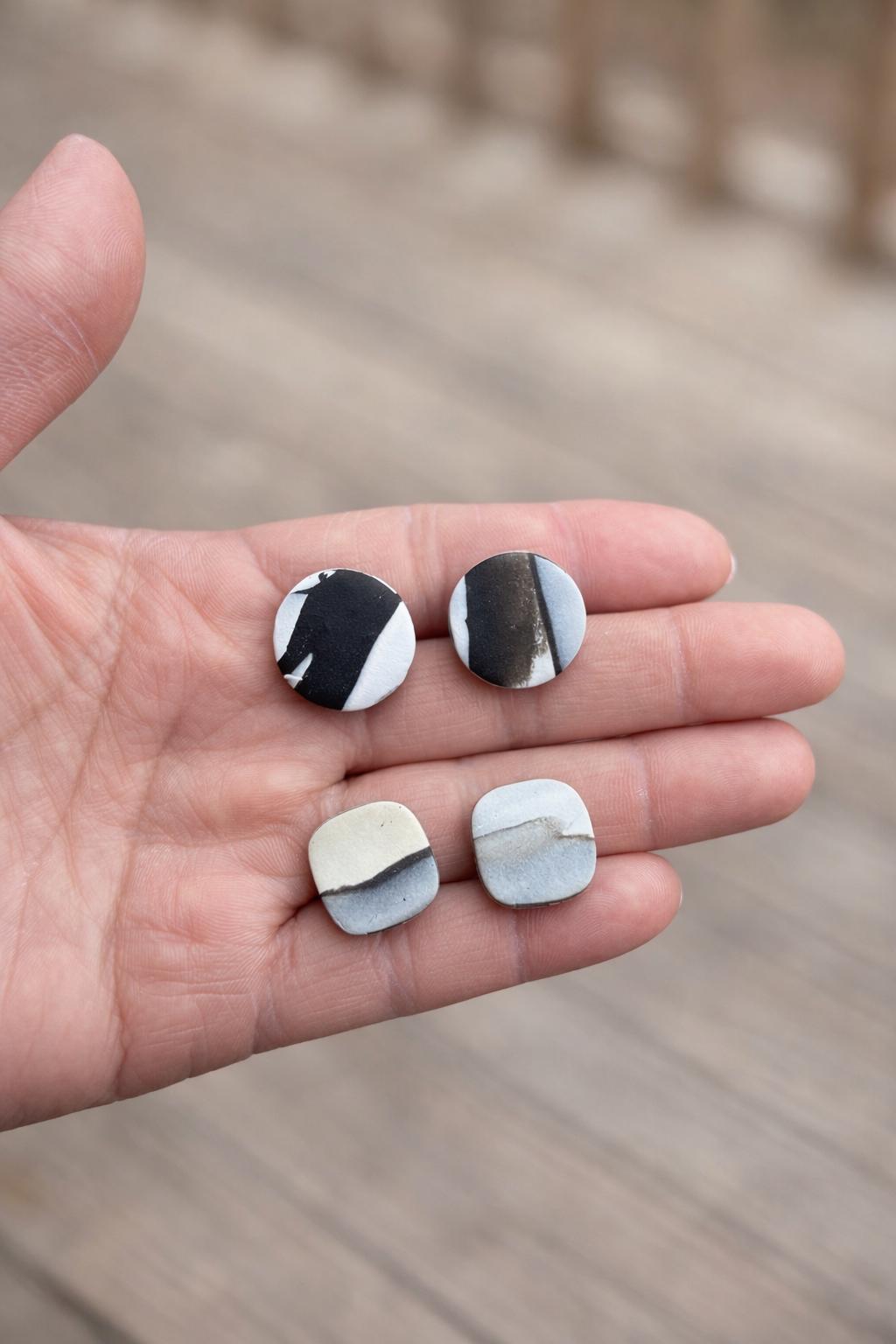 Black White Polymer Clay Stud Earrings | Minimalist Modern Lightweight Jewelry