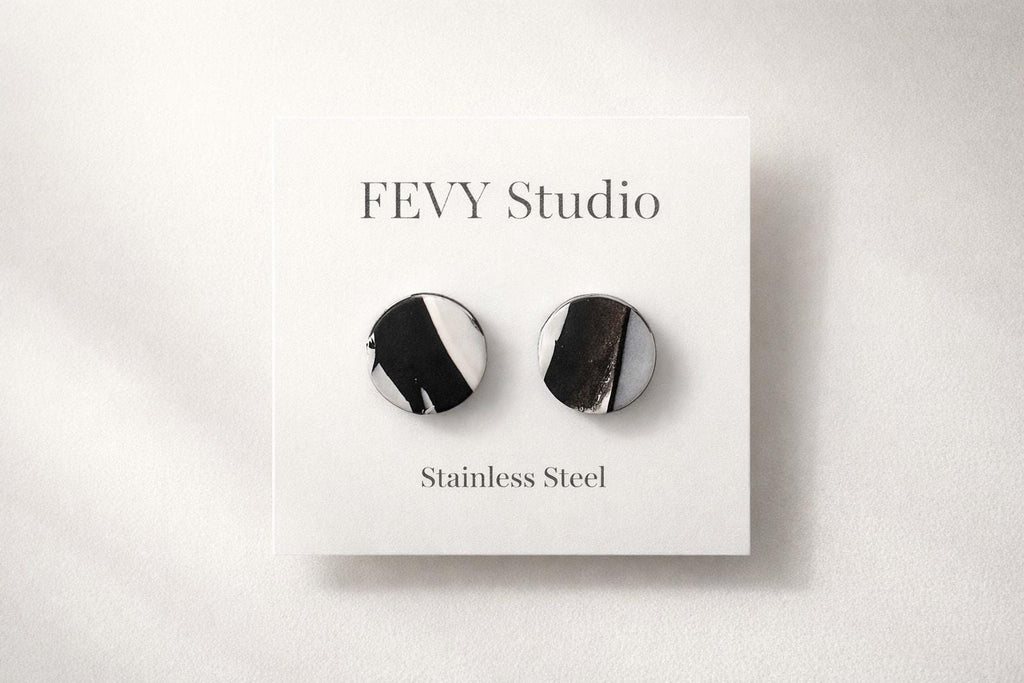 Black and White Stud Earrings, Polymer Clay Earrings, Minimalist Earrings, Abstract Earrings, Neutral Studs, Stainless Steel Post