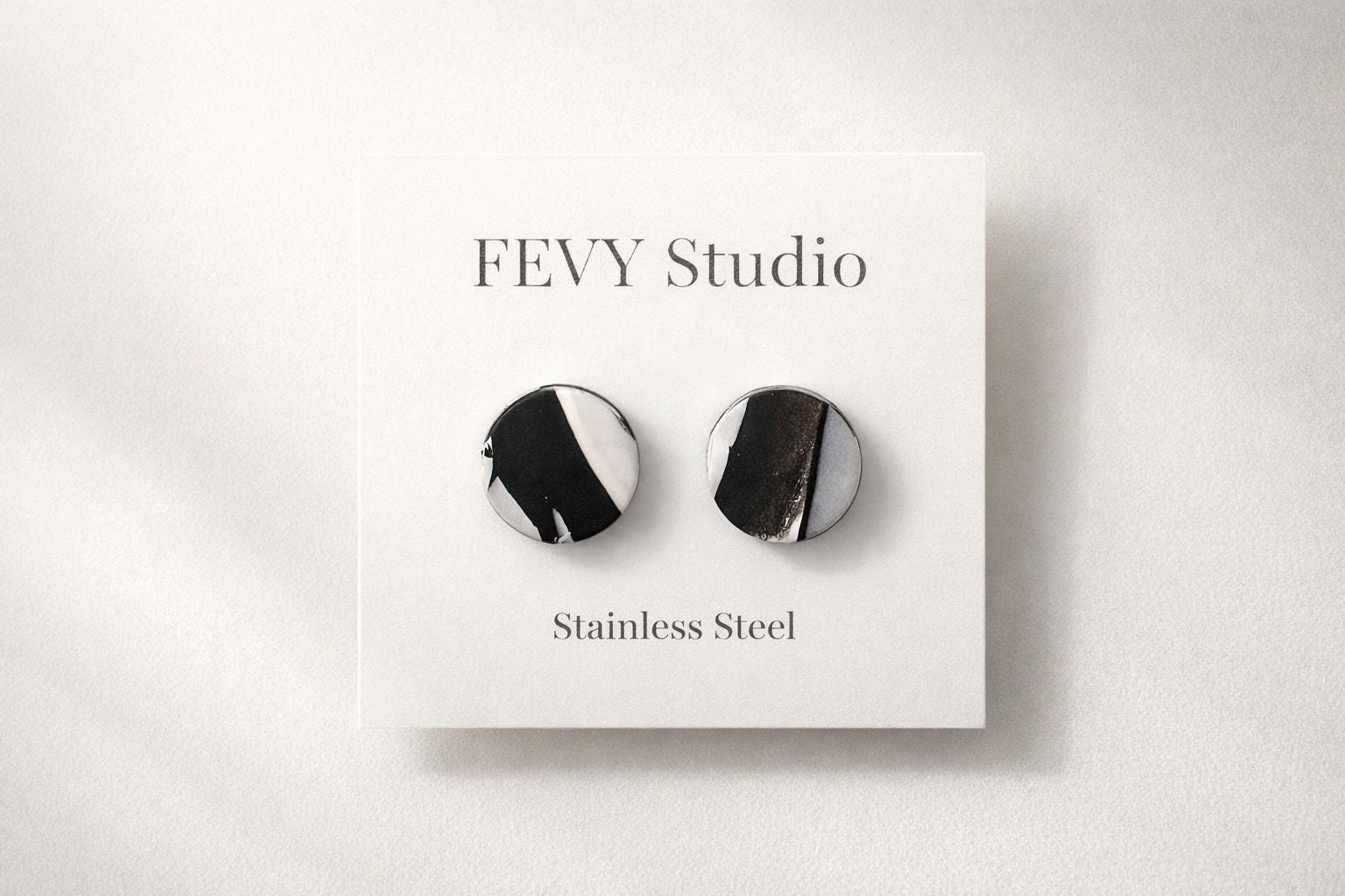 Black and White Stud Earrings, Polymer Clay Earrings, Minimalist Earrings, Abstract Earrings, Neutral Studs, Stainless Steel Post
