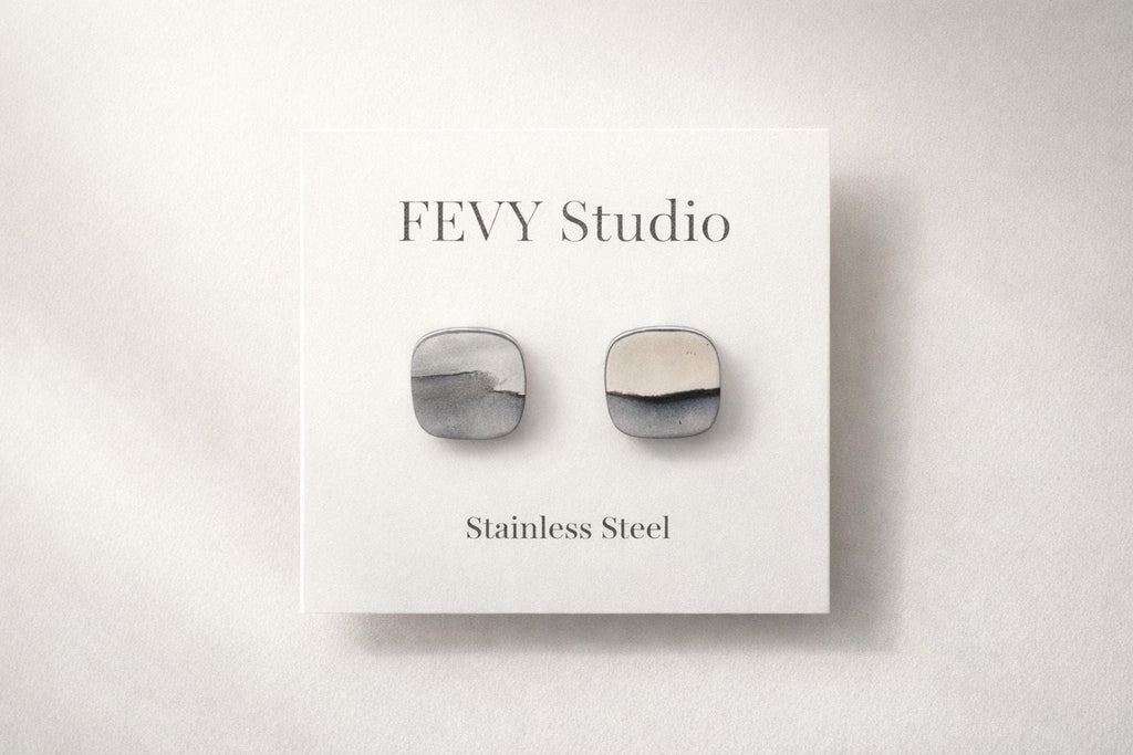 Black and White Stud Earrings, Polymer Clay Earrings, Minimalist Earrings, Abstract Earrings, Neutral Studs, Stainless Steel Post