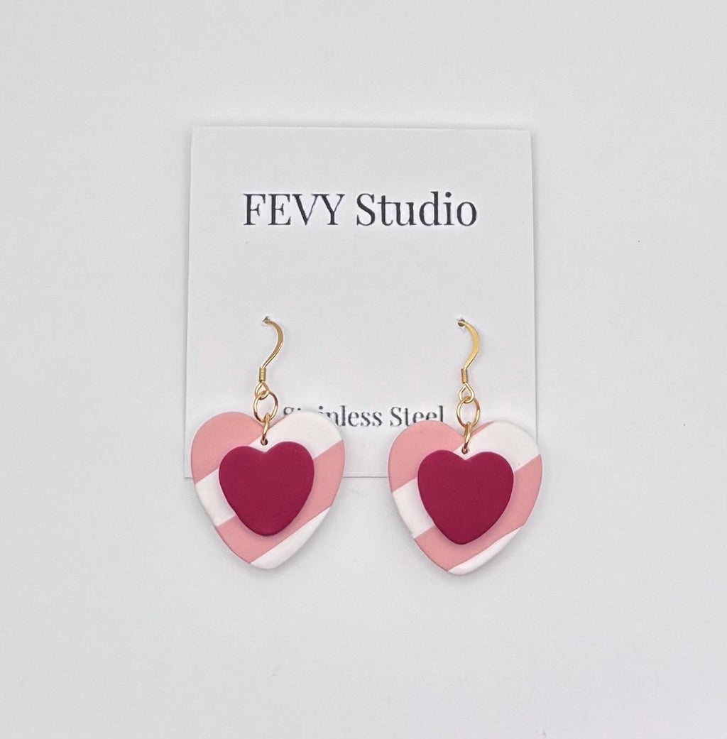 Pink Heart Dangle Earrings, Layered Polymer Clay, 18K Gold Plated Hooks