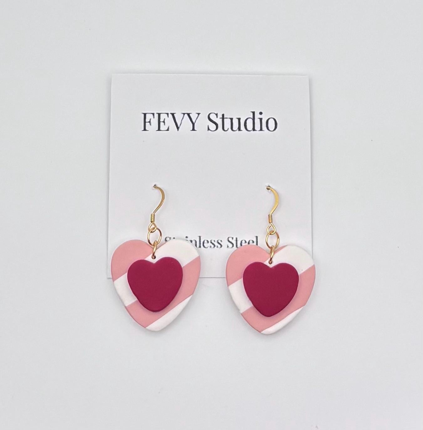 Pink Heart Dangle Earrings, Layered Polymer Clay, 18K Gold Plated Hooks