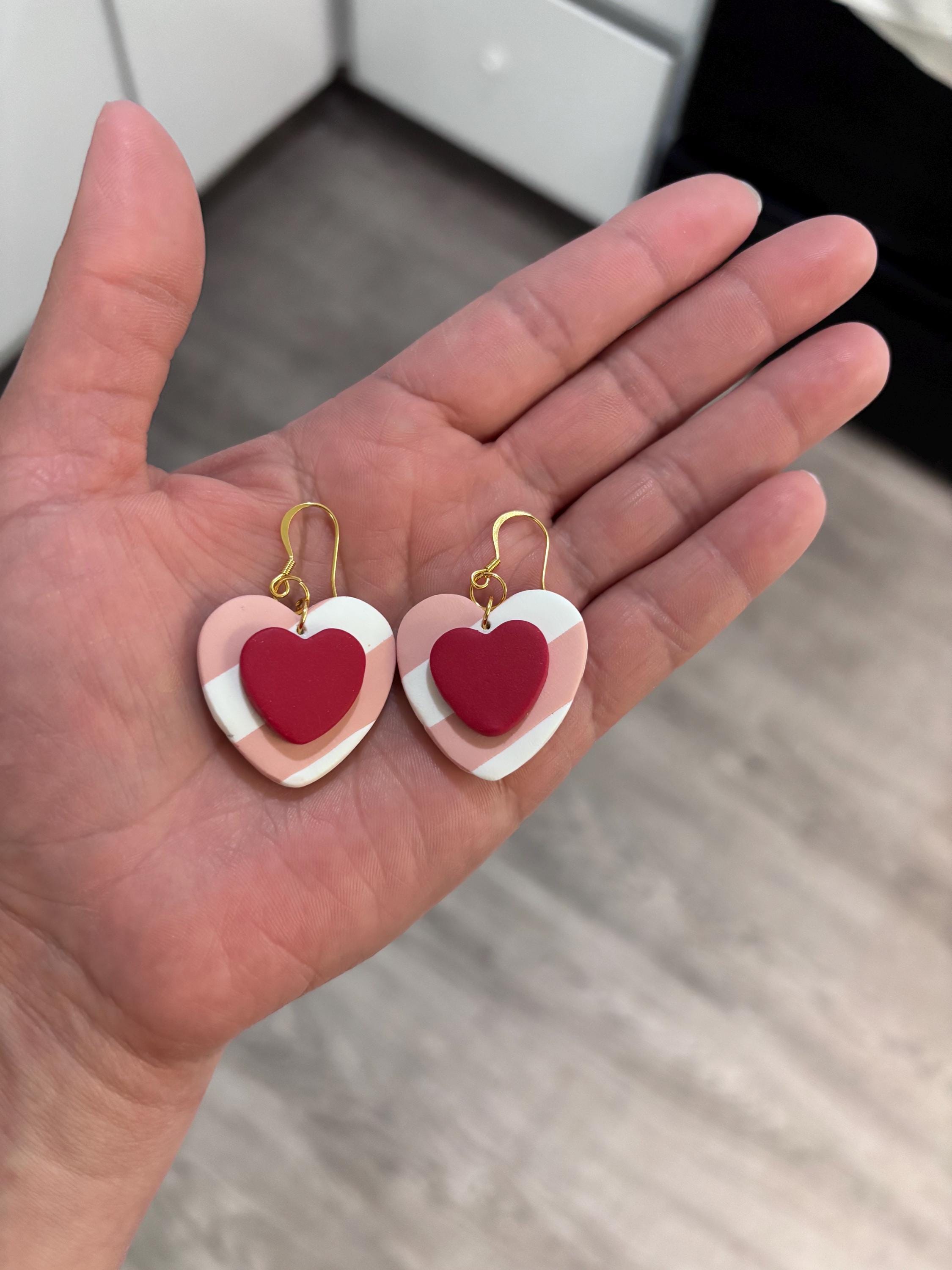 Pink Heart Dangle Earrings, Layered Polymer Clay, 18K Gold Plated Hooks