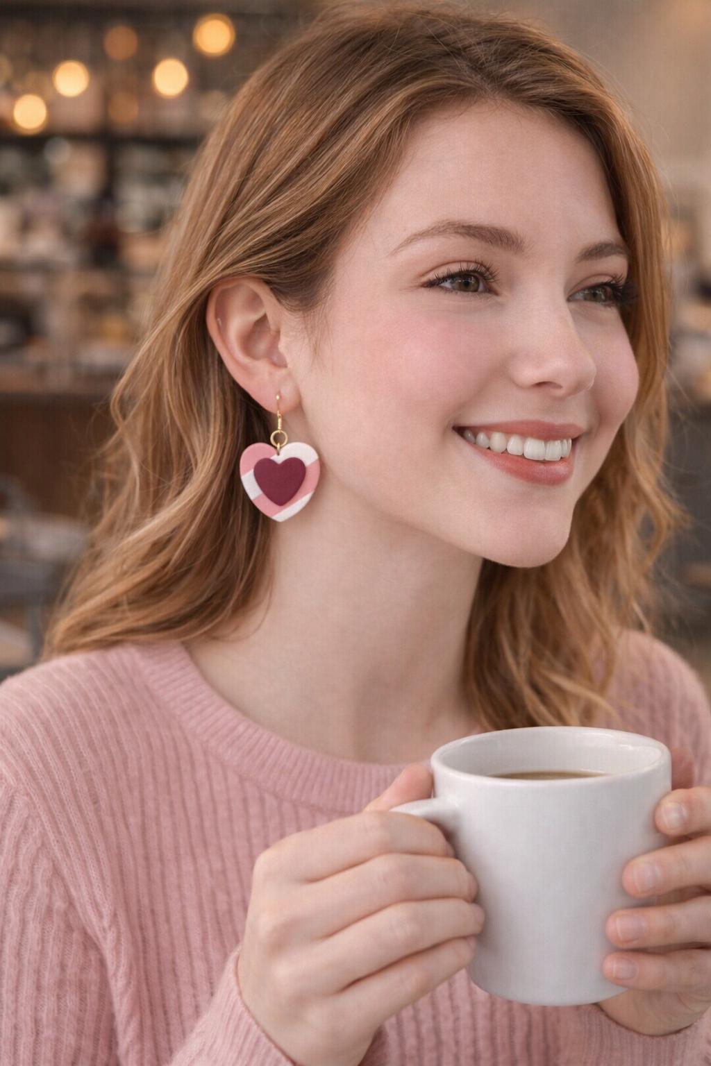 Pink Heart Dangle Earrings, Layered Polymer Clay, 18K Gold Plated Hooks