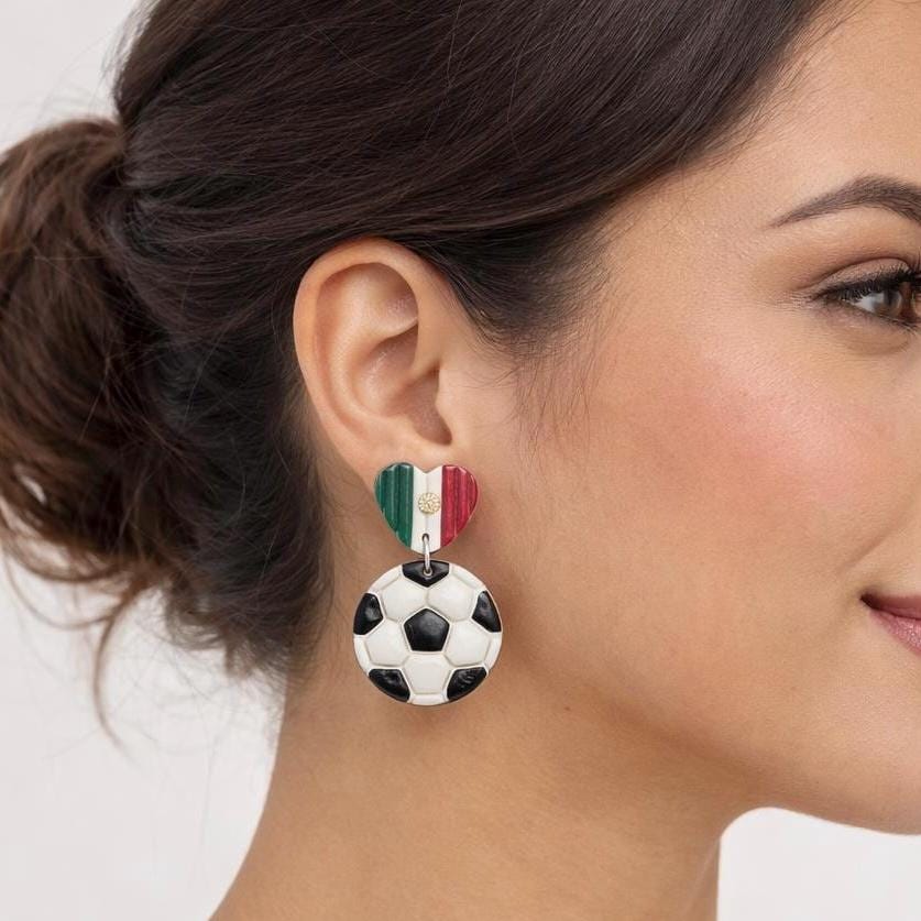 Mexican Flag Heart Soccer Ball Earrings, Handmade Polymer Clay Sports Jewelry