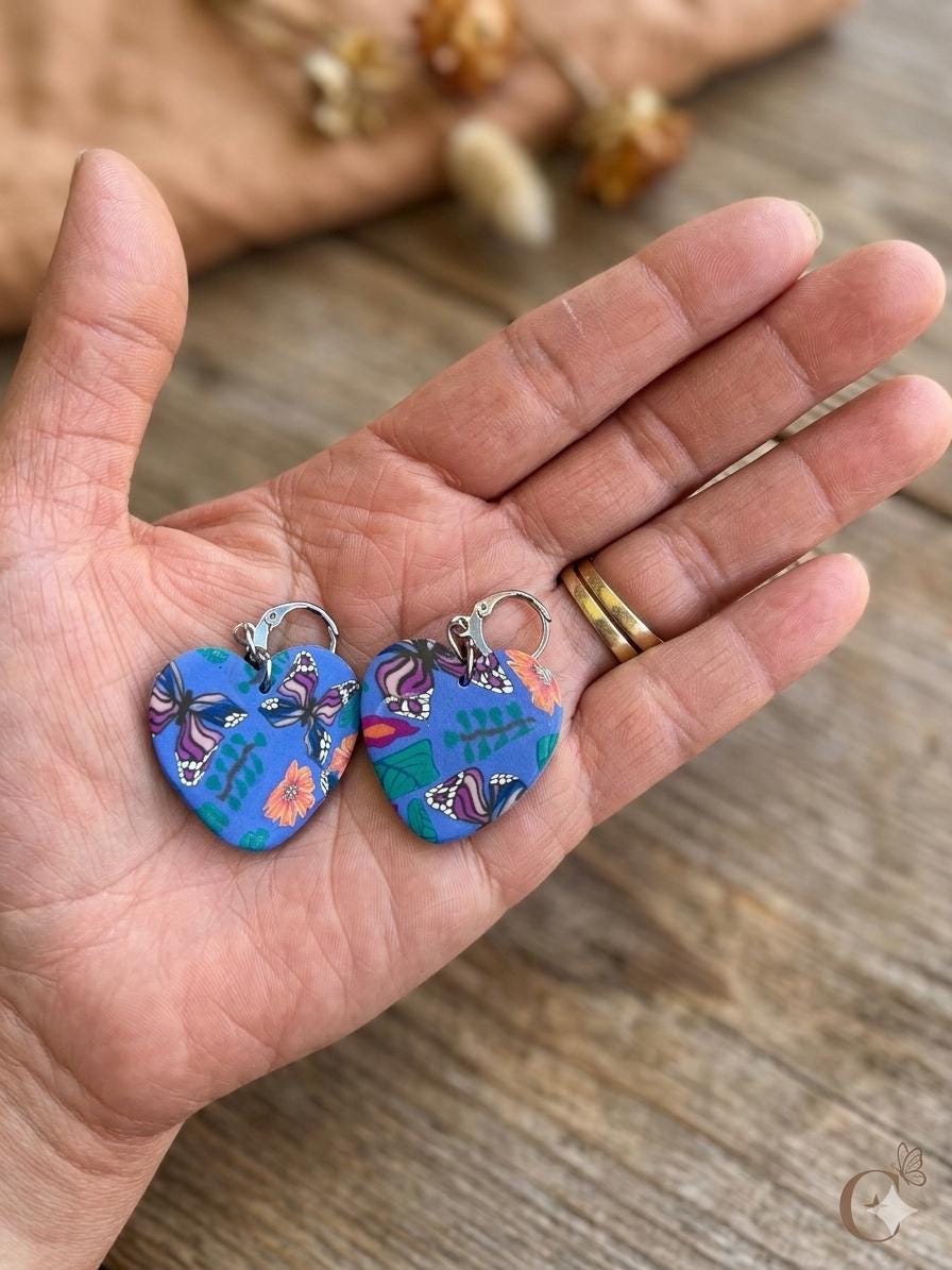 Butterfly Heart Earrings, Polymer Clay Earrings, Blue Butterfly Earrings, Handmade Statement Earrings, Stainless Steel Hooks