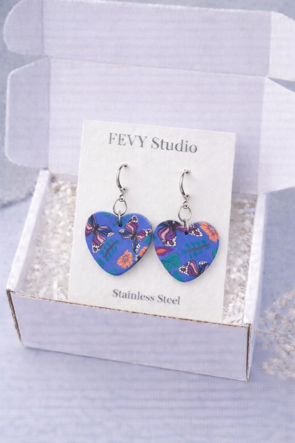 Butterfly Heart Earrings, Polymer Clay Earrings, Blue Butterfly Earrings, Handmade Statement Earrings, Stainless Steel Hooks