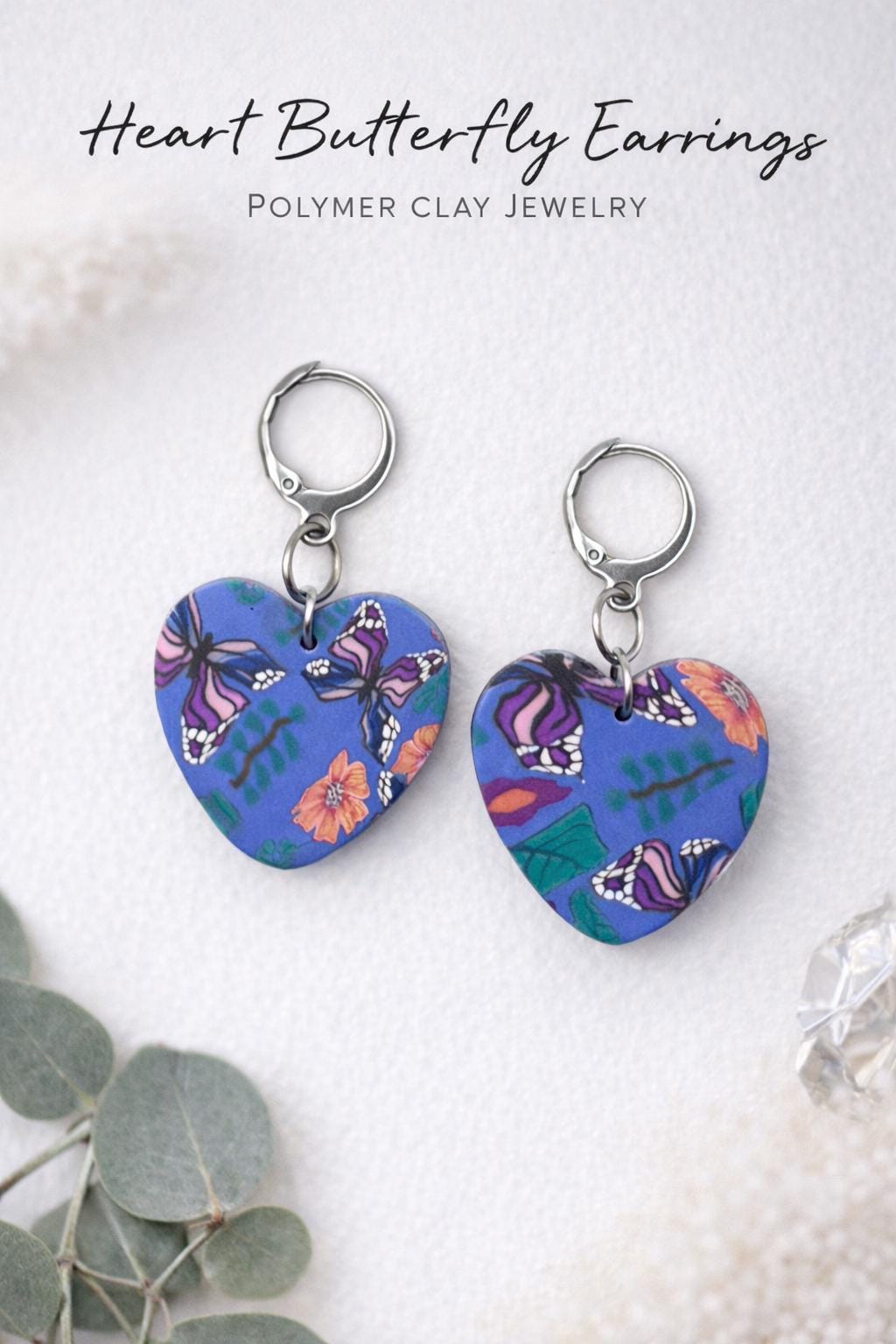 Butterfly Heart Earrings, Polymer Clay Earrings, Blue Butterfly Earrings, Handmade Statement Earrings, Stainless Steel Hooks