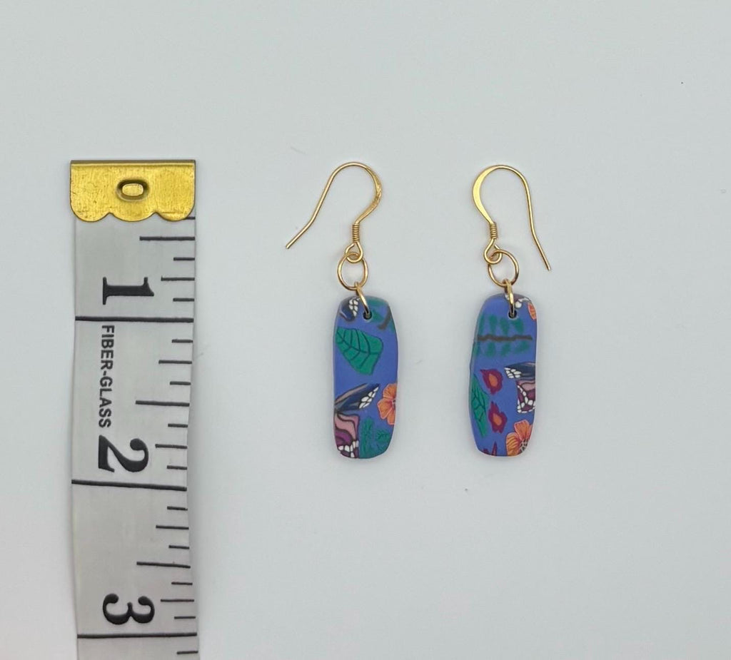 Blue Butterfly Polymer Clay Earrings, Botanical Dangle, 18K Gold Plated Hooks