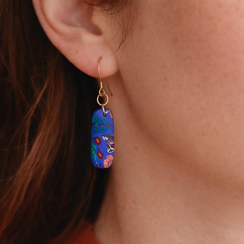 Blue Butterfly Polymer Clay Earrings, Botanical Dangle, 18K Gold Plated Hooks