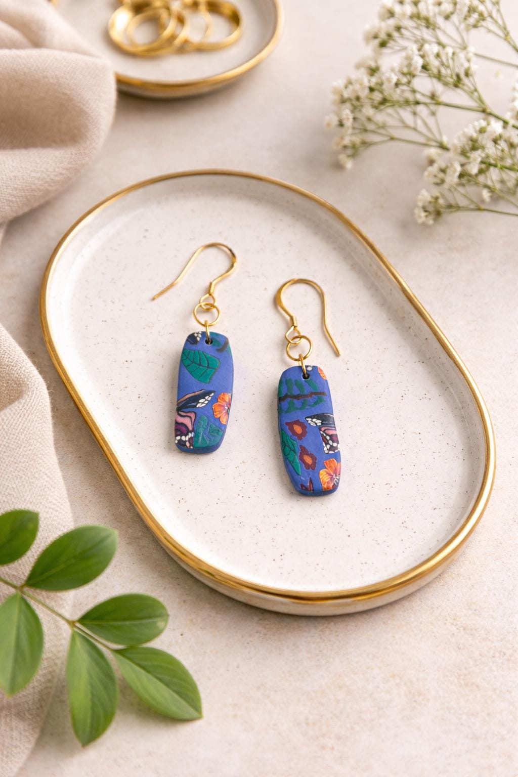 Blue Butterfly Polymer Clay Earrings, Botanical Dangle, 18K Gold Plated Hooks