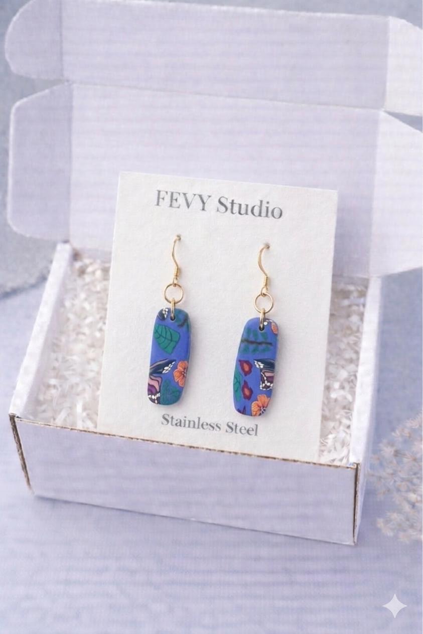 Blue Butterfly Polymer Clay Earrings, Botanical Dangle, 18K Gold Plated Hooks