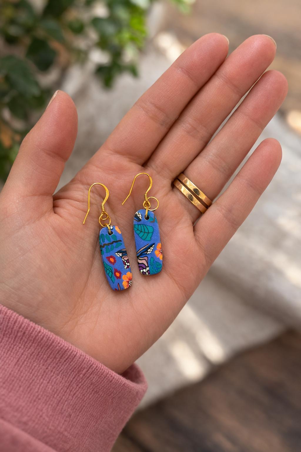 Blue Butterfly Polymer Clay Earrings, Botanical Dangle, 18K Gold Plated Hooks