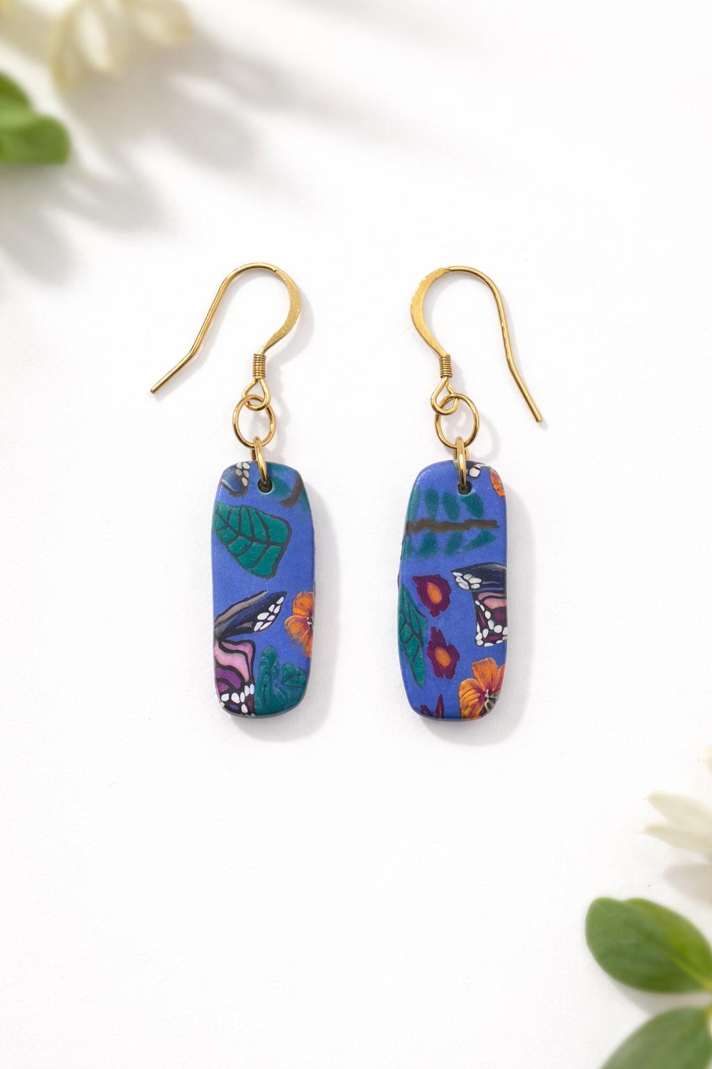 Blue Butterfly Polymer Clay Earrings, Botanical Dangle, 18K Gold Plated Hooks