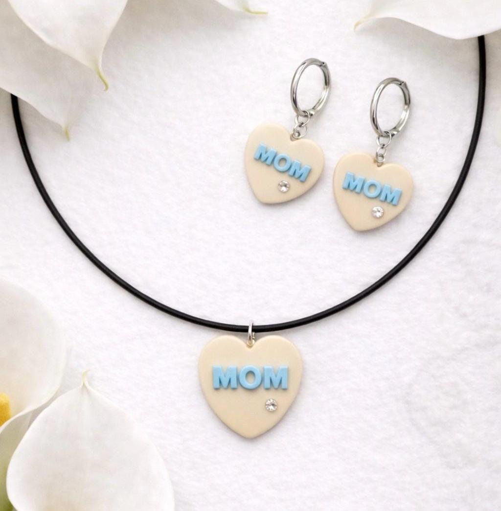Personalized Polymer Clay Heart Jewelry Set, Cream Blue Mom Necklace Earrings