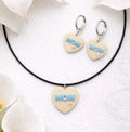 Personalized Polymer Clay Heart Jewelry Set, Cream Blue Mom Necklace Earrings