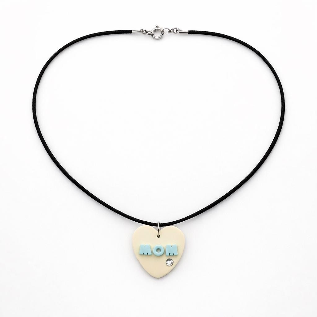 Personalized Polymer Clay Heart Jewelry Set, Cream Blue Mom Necklace Earrings