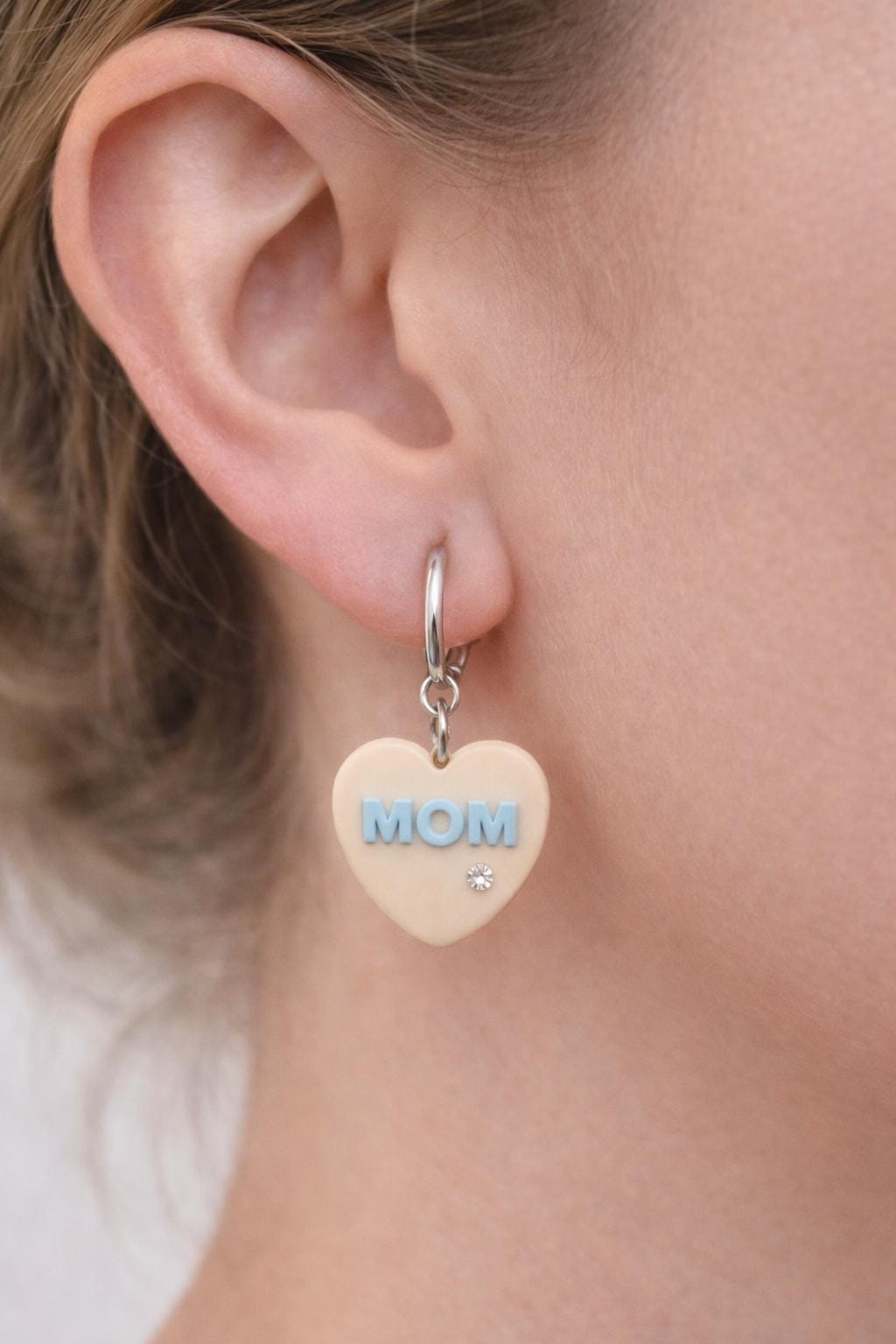 Personalized Polymer Clay Heart Jewelry Set, Cream Blue Mom Necklace Earrings